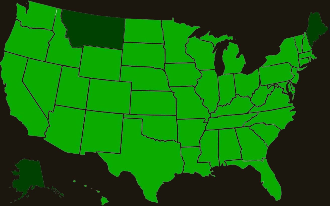 A map of the united states with green areas.